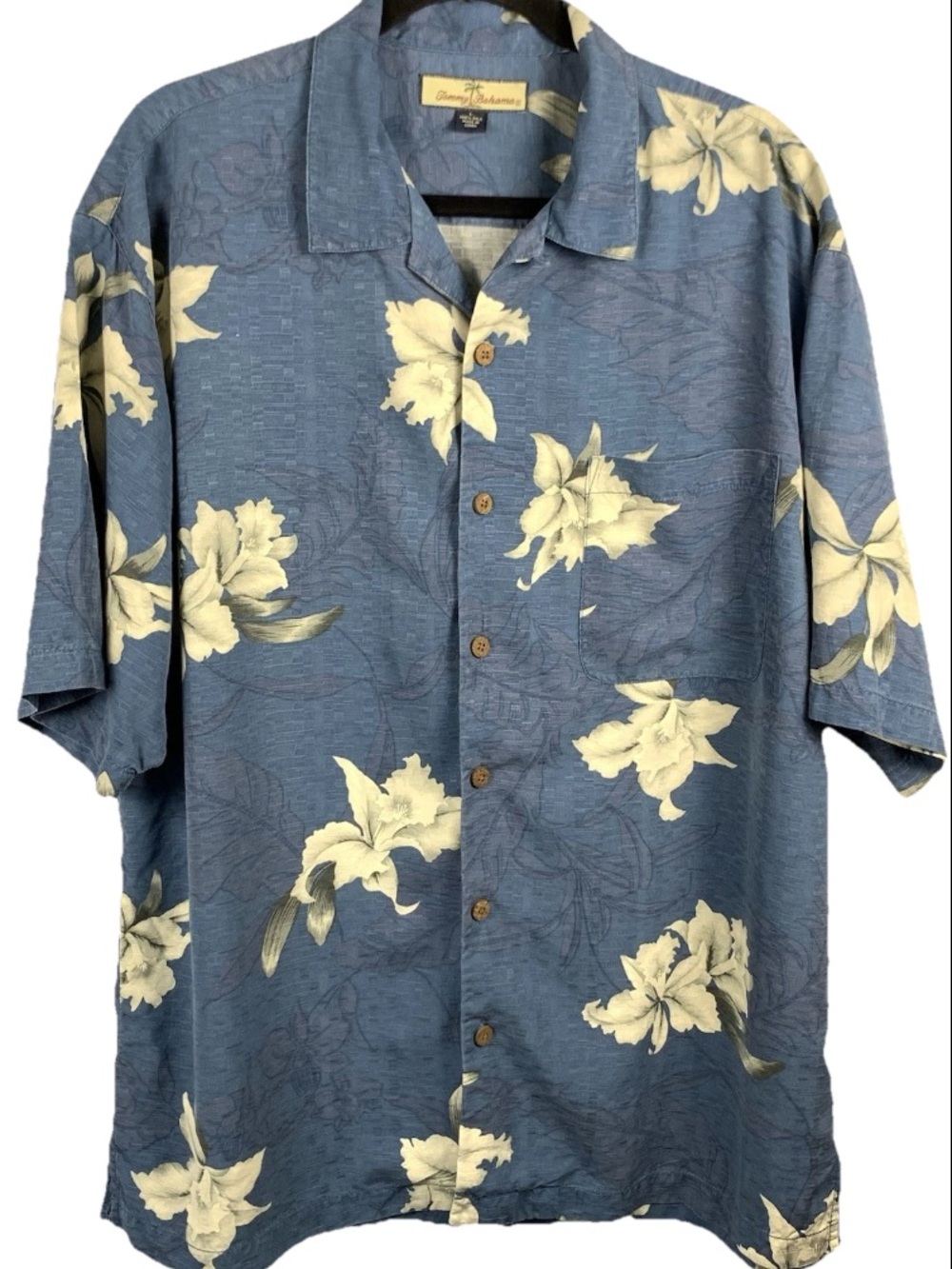 Tommy Bahama Men's L 100% Silk Hawaiian Aloha Shirt Blue Hibiscus Camp - Picture 3 of 13